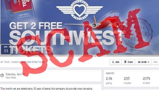 Free Southwest Airline tickets Facebook scam