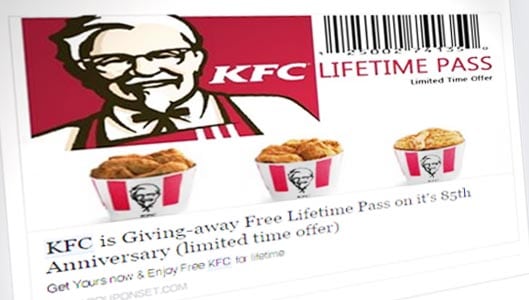 Is KFC giving free lifetime passes for 85th anniversary? SCAM