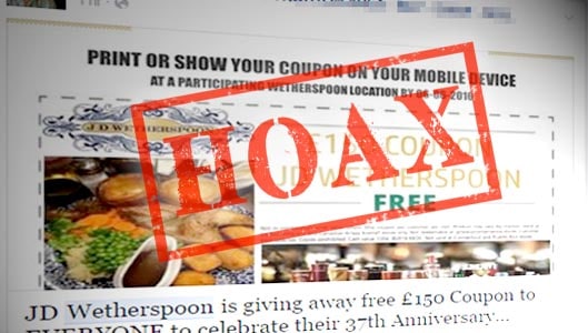 JD Wetherspoon ’37th Anniversary’ £150 coupons scams spread on Facebook