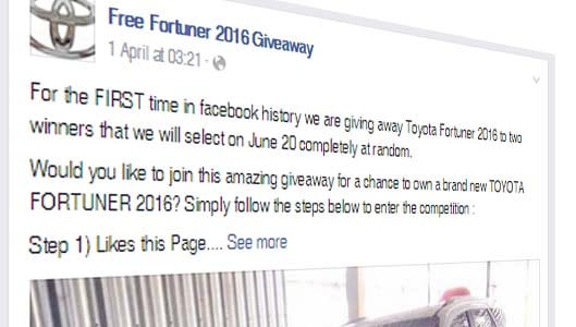 Toyota Frontrunner 2016 Giveaway scam spread on Facebook