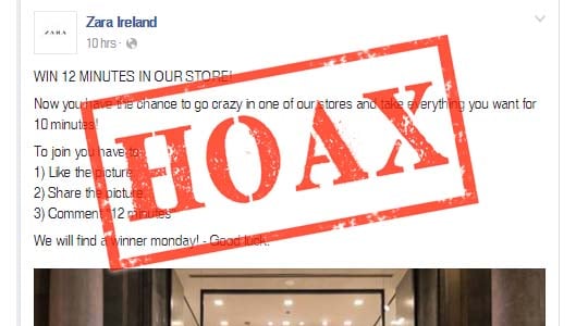 Win 12 minutes in a Zara Ireland store? It’s Facebook  spam.