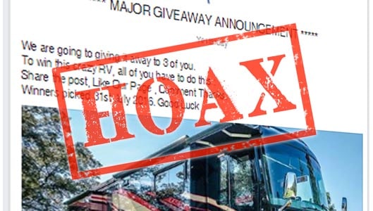 Win a RV for sharing a Facebook post? It’s a scam