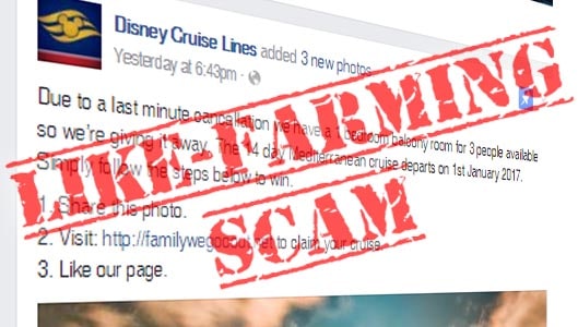 Scam – Free Disney Cruise Lines balcony room Facebook post