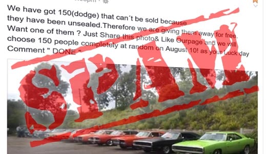 Win an unsealed Dodge Charger on Facebook? It’s a scam