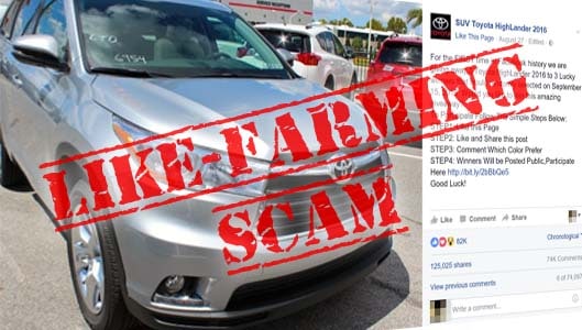Win a 2016 Toyota HighLander for sharing a Facebook post? It’s a scam