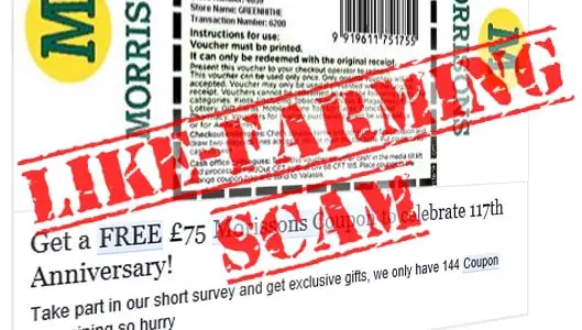 Scam – £75 Morrisons coupon for anniversary Facebook post