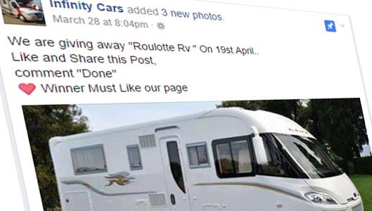 No, you can’t win a “Roulotte RV” for sharing a Facebook post