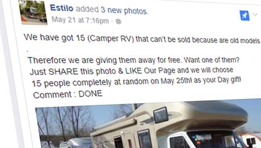 You won’t win a Camper RV for sharing a Facebook post. It’s a scam (again)