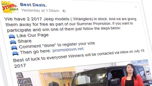 You won’t win a 2017 Jeep Wrangler for sharing a Facebook post