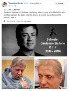 Hoax claims Sylvester Stallone died after prostate cancer battle