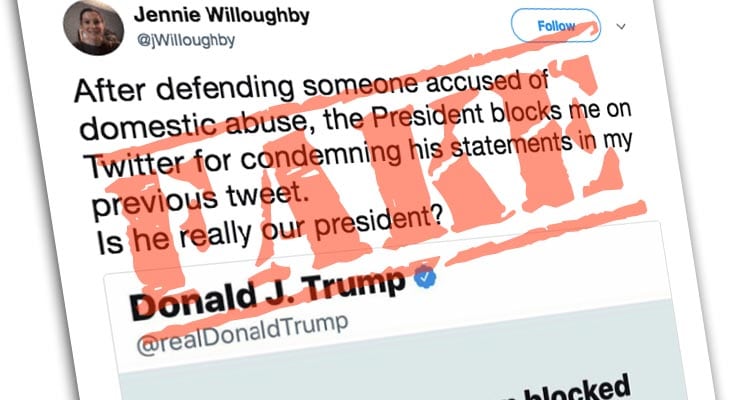 Fake tweet claims Trump blocked Jennie Willoughby on Twitter