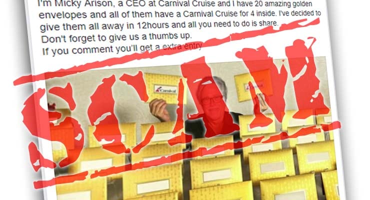 Don’t fall for Facebook posts offering golden envelopes with free cruises