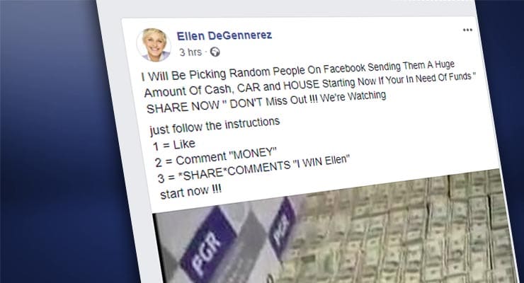Facebook posts claim Ellen DeGeneres is giving away money or prizes. Fact Check