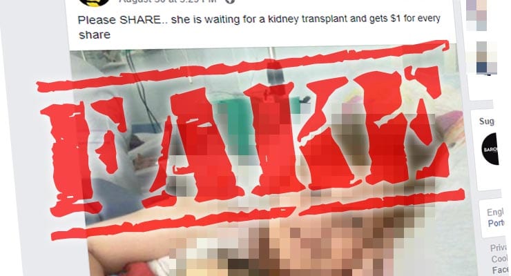 $1 donated to girl for kidney transplant when Facebook photo is shared? No, it’s a scam
