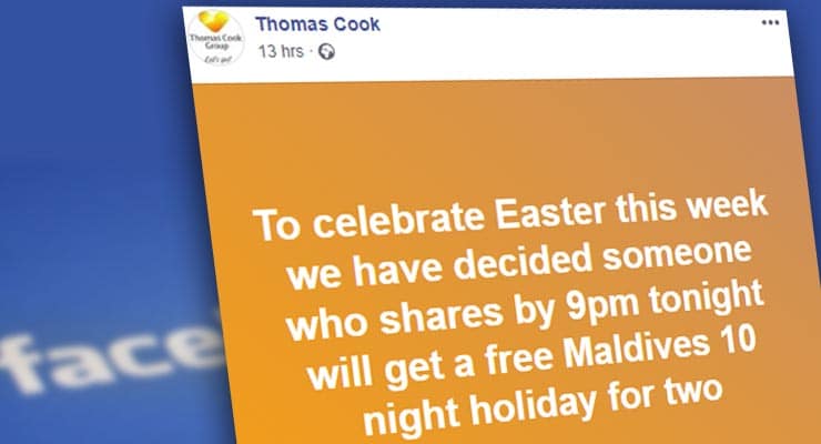 Facebook post offering Maldives Easter holiday from Thomas Cook is a scam