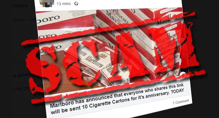 Scam links spread on Messenger offering 5 cartons of Marlboro cigarettes