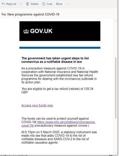 Watch Out For UK Government Coronavirus tax Rebate Email Scam 