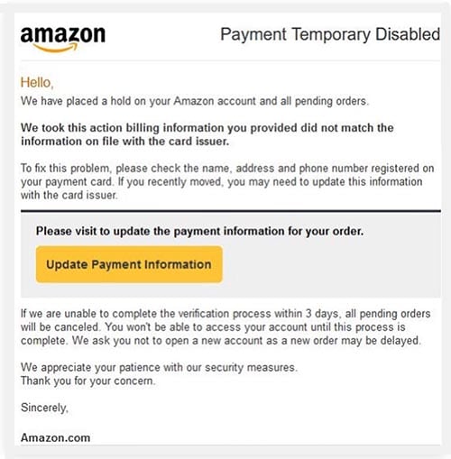 Beware fake "place a hold" or "account locked" Amazon emails