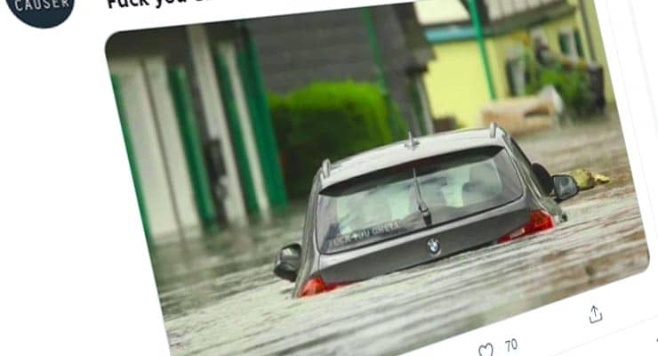 Did car in high floodwater feature offensive Greta sticker? Fact Check